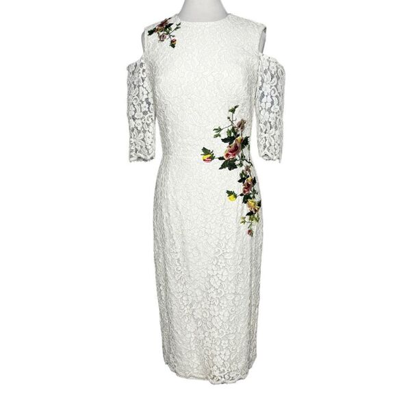 LITTLE Mistress London Floral Appliqué & Lace Cold Shoulder Midi Sheath Dress - Picture 3 of 10